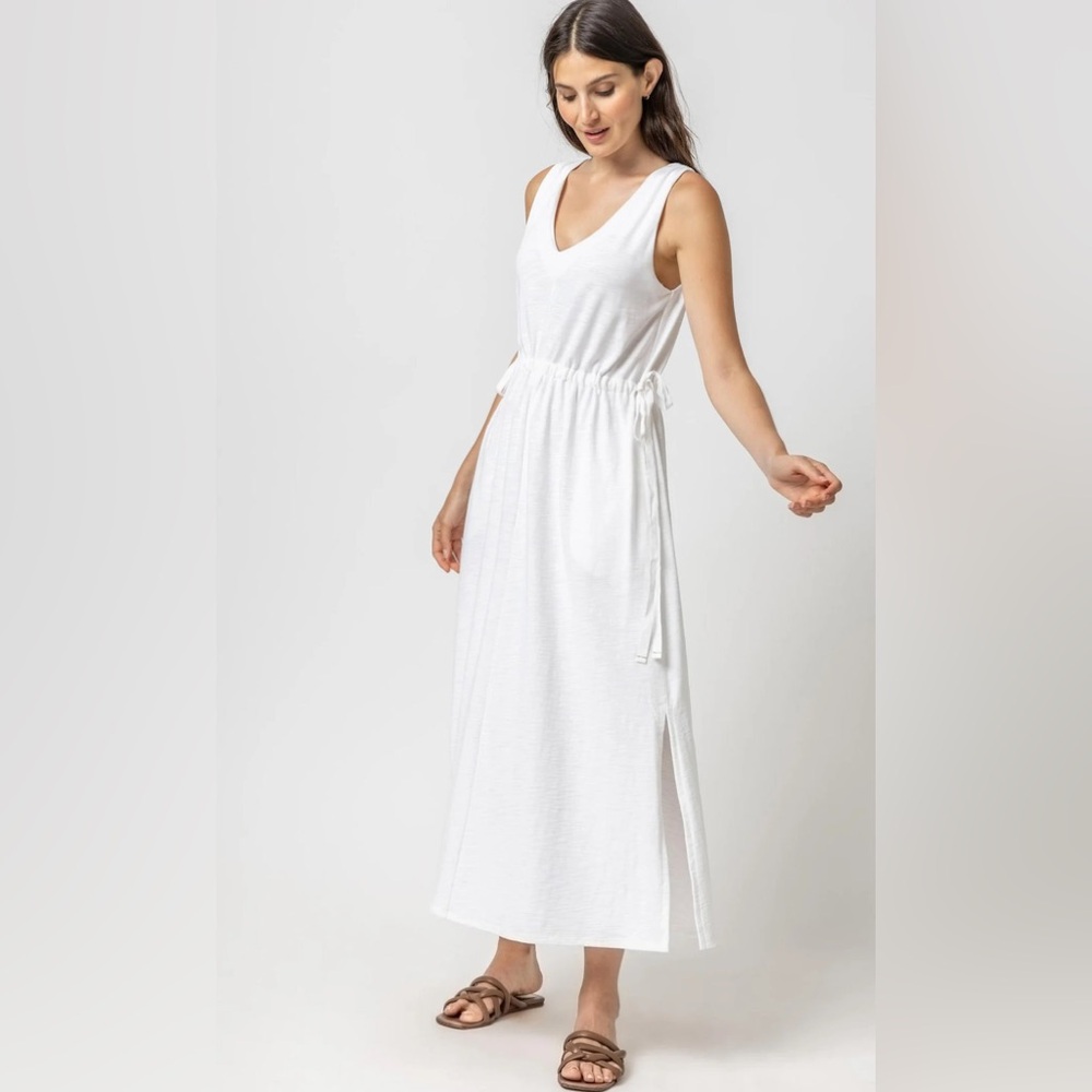 LILLA P DRAWCORD WAIST MAXI DRESS IN WHITE